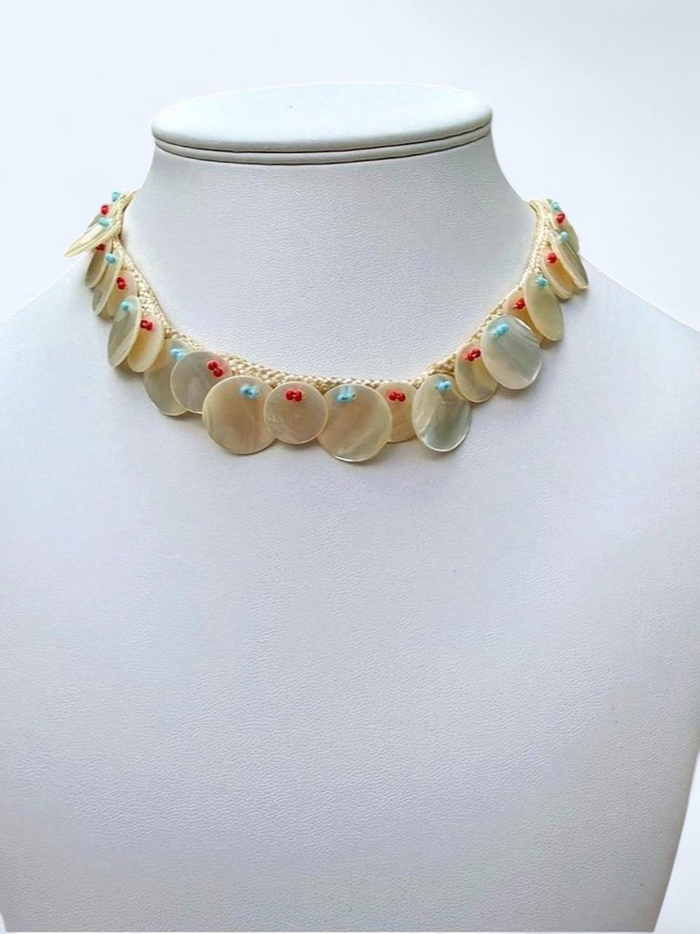 1950s Mother of Pearl Disk Choker Woven Collar Japan Hardware & Milk Glass Rare